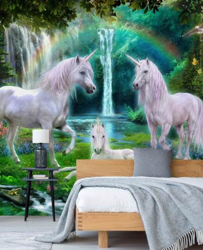 unicorns sat by a waterfall wallpaper