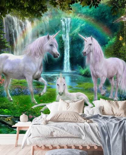 unicorns sat by a waterfall wallpaper