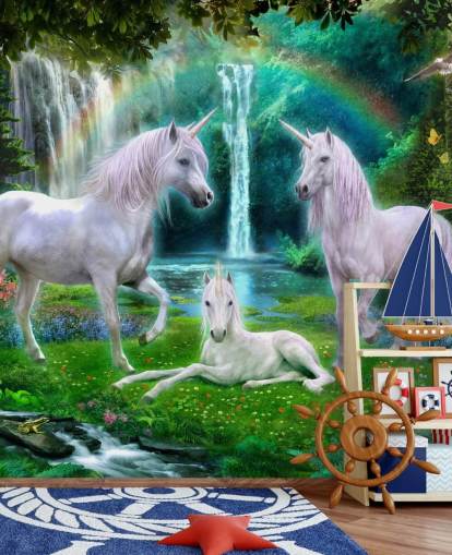 unicórnios sentados por um papel de parede de cachoeira