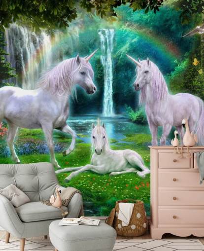 unicorns sat by a waterfall wallpaper