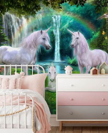 unicorns sat by a waterfall wallpaper