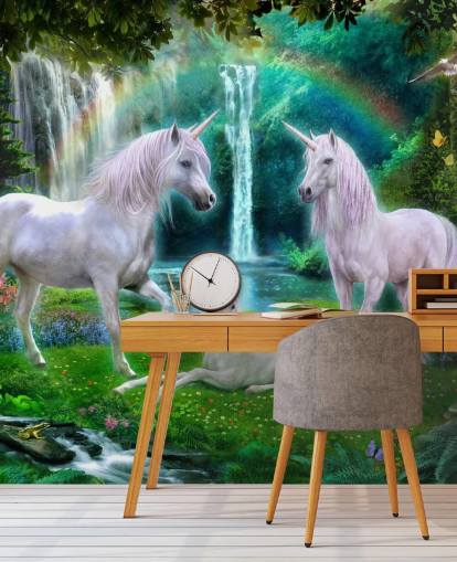 unicórnios sentados por um papel de parede de cachoeira unicórnios sentados por um papel de parede de cachoeira