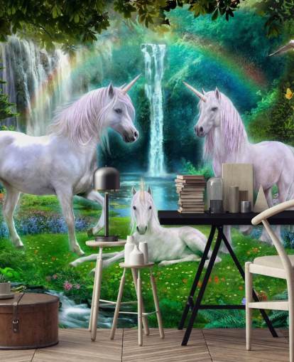 unicorns sat by a waterfall wallpaper