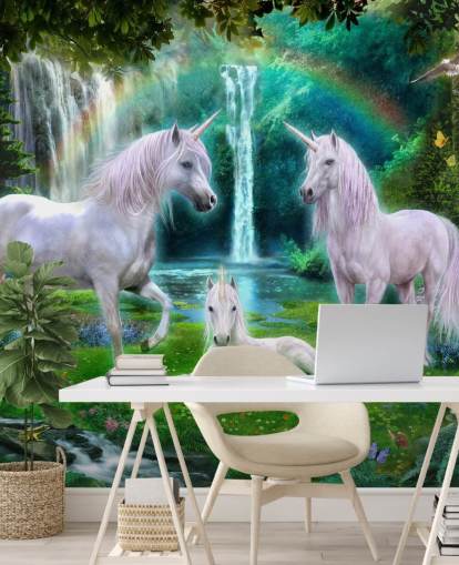 unicorns sat by a waterfall wallpaper
