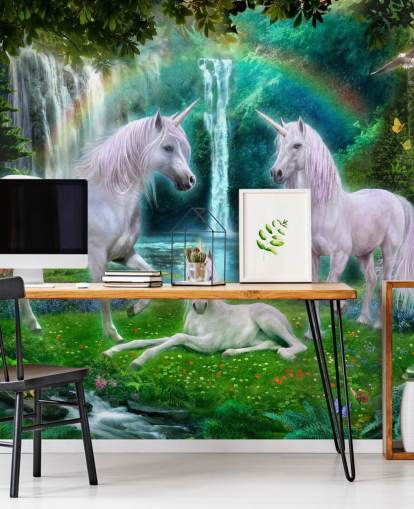 unicorns sat by a waterfall wallpaper