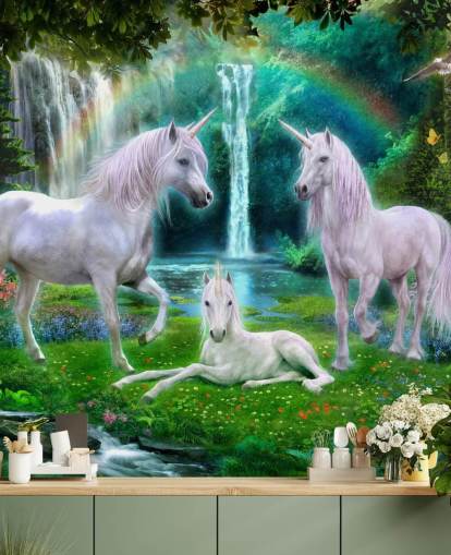 unicorns sat by a waterfall wallpaper