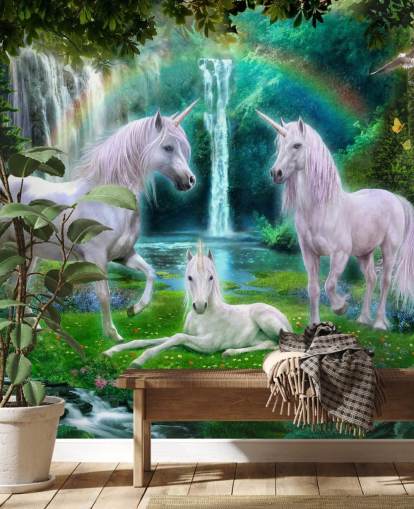 unicorns sat by a waterfall wallpaper