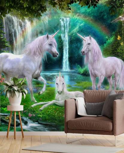 unicorns sat by a waterfall wallpaper