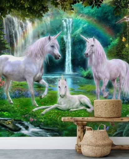 unicorns sat by a waterfall wallpaper