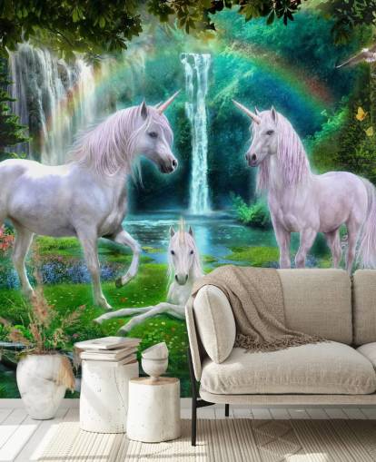 unicorns sat by a waterfall wallpaper