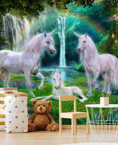 unicorns sat by a waterfall wallpaper