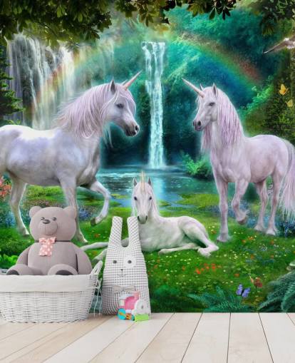 unicorns sat by a waterfall wallpaper