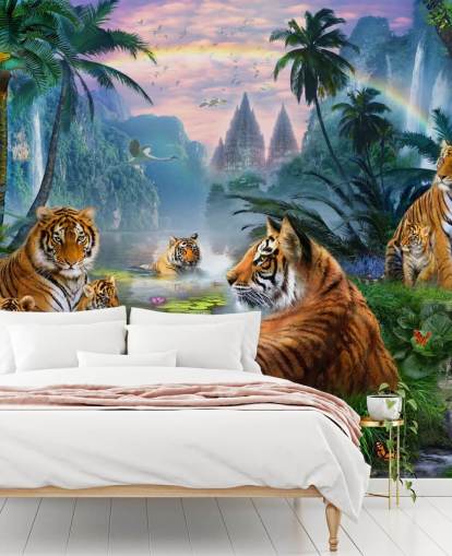 papel pintado tigres descansando en una selva
