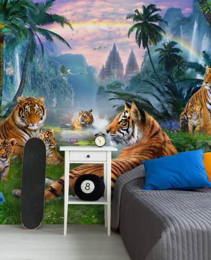 tigres descansando em um papel de parede da selva