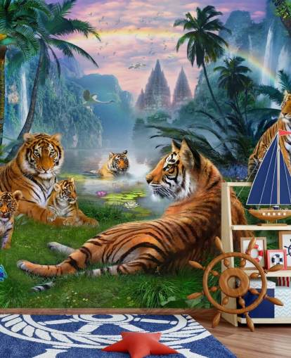 tigres descansando em um papel de parede da selva tigres descansando em um papel de parede da selva