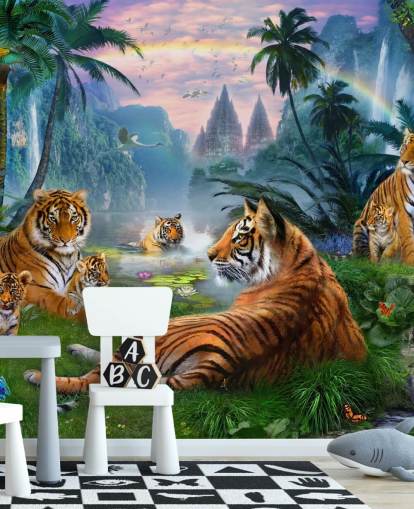 papel pintado tigres descansando en una selva