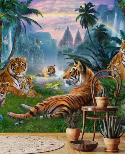 tijgers luieren in een jungle behang