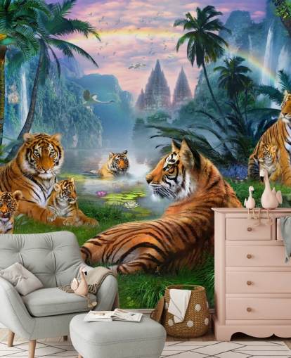 tijgers luieren in een jungle behang