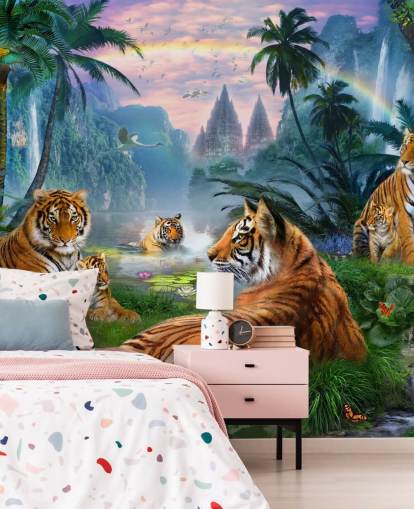 tigres descansando em um papel de parede da selva