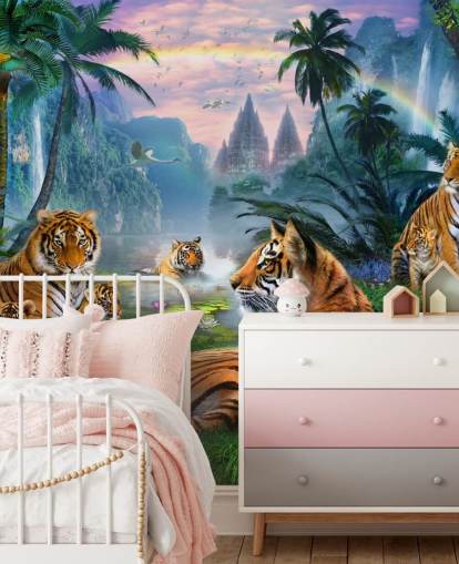 papel pintado tigres descansando en una selva