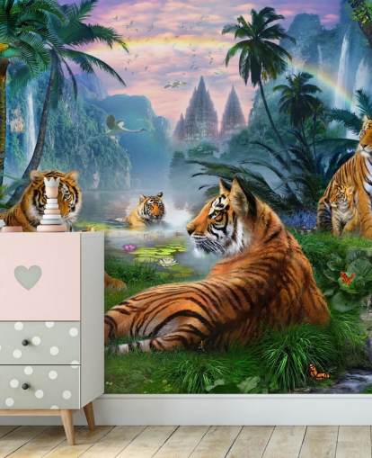 tijgers luieren in een jungle behang