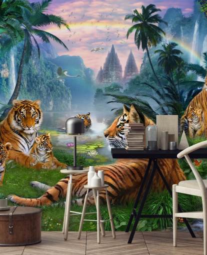 papel pintado tigres descansando en una selva