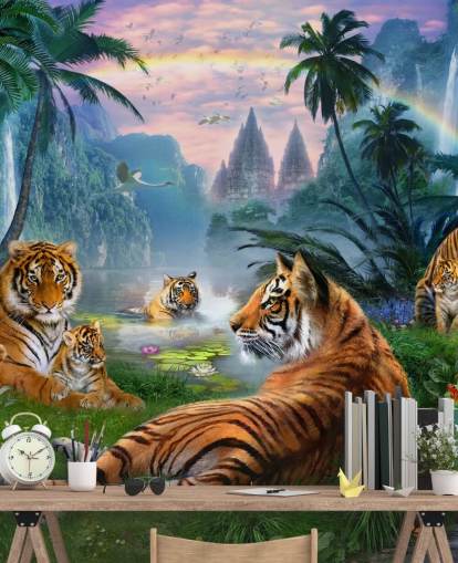papel pintado tigres descansando en una selva