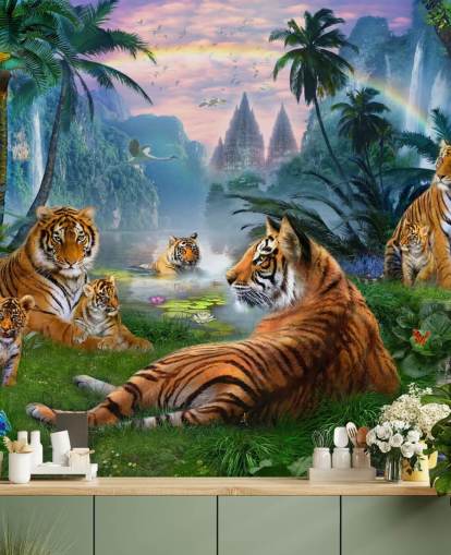 fond d'écran tigres paresseux dans une jungle