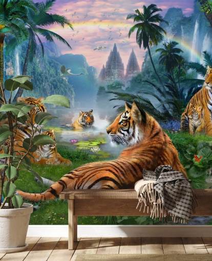 tigres descansando em um papel de parede da selva