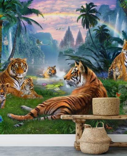 papel pintado tigres descansando en una selva