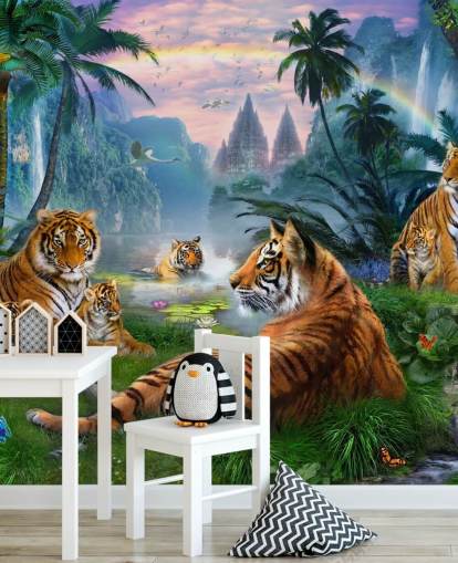 tigres descansando em um papel de parede da selva