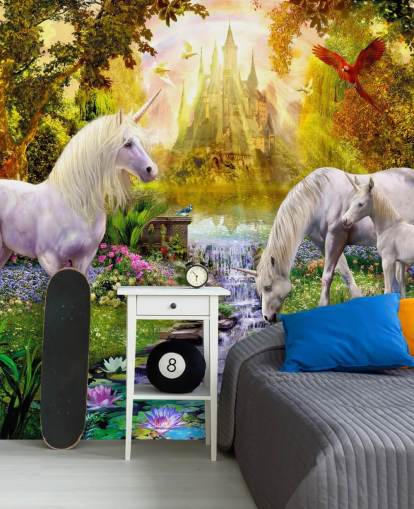 unicorn family drinking from river wallpaper