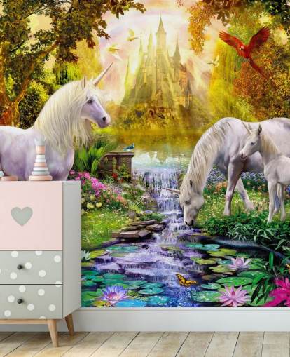 unicorn family drinking from river wallpaper