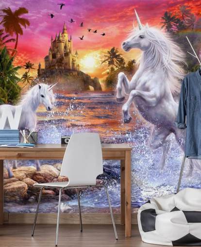 Einhorn-Wasserfall Sonnenuntergang Unicorn Mural