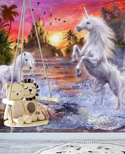 Enhörning vattenfall Solnedgång Unicorn Mural