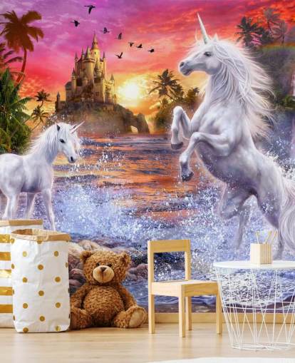 Enhörning vattenfall Solnedgång Unicorn Mural