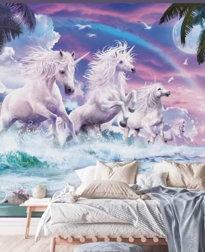 unicorns running from sea in pastel beach setting wallpaper