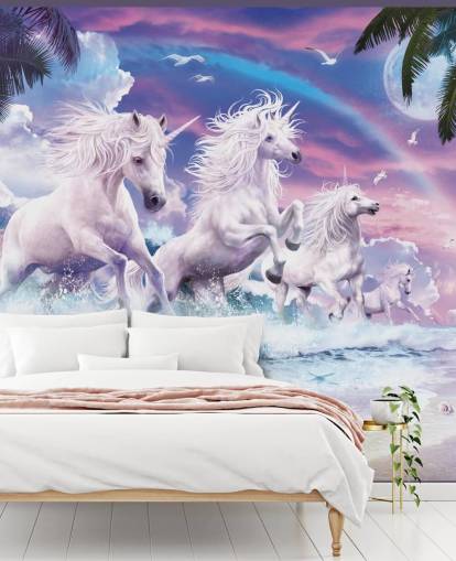 unicorns running from sea in pastel beach setting wallpaper
