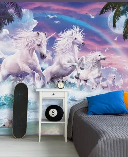 unicorns running from sea in pastel beach setting wallpaper