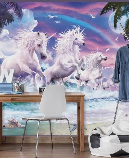 unicorni che corrono dal mare in pastello spiaggia impostazione carta da parati unicorni che corrono dal mare in pastello spiaggia impostazione carta da parati