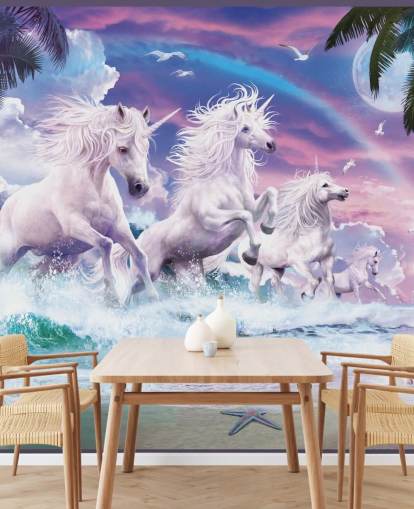 unicorns running from sea in pastel beach setting wallpaper