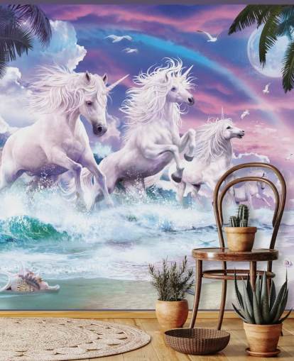 unicornios corriendo desde el mar en fondo de pantalla de playa pastel