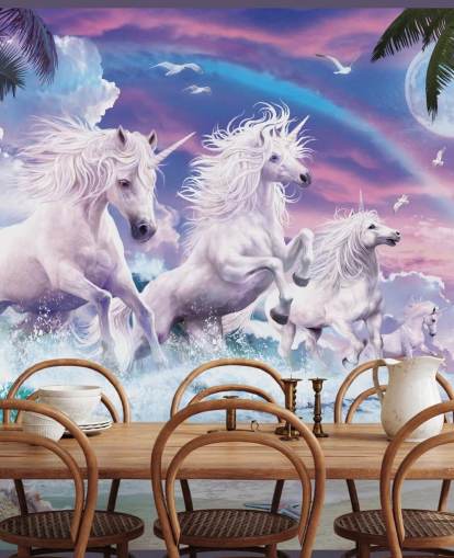 unicorni che corrono dal mare in pastello spiaggia impostazione carta da parati