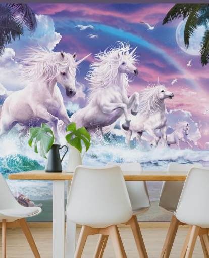 unicorns running from sea in pastel beach setting wallpaper unicorns running from sea in pastel beach setting wallpaper
