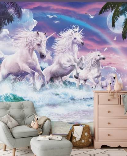 unicorns running from sea in pastel beach setting wallpaper