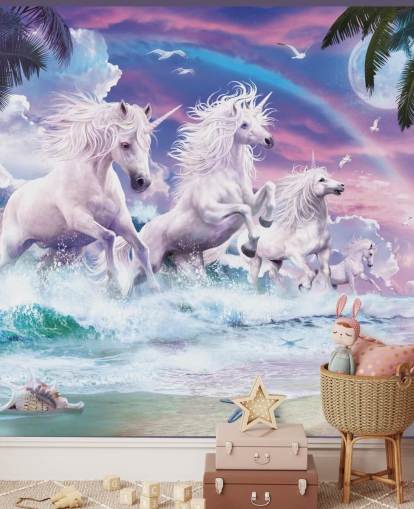 unicorns running from sea in pastel beach setting wallpaper unicorns running from sea in pastel beach setting wallpaper