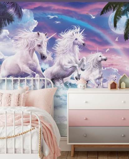 unicorns running from sea in pastel beach setting wallpaper
