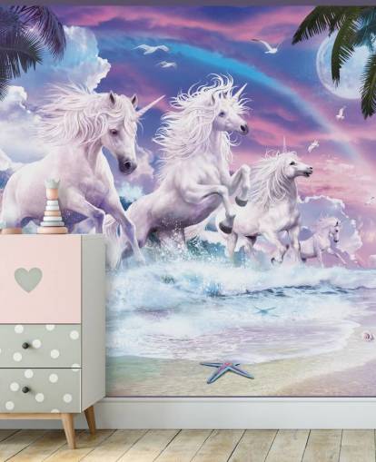 unicorns running from sea in pastel beach setting wallpaper
