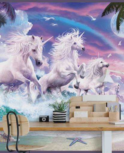 unicornios corriendo desde el mar en fondo de pantalla de playa pastel