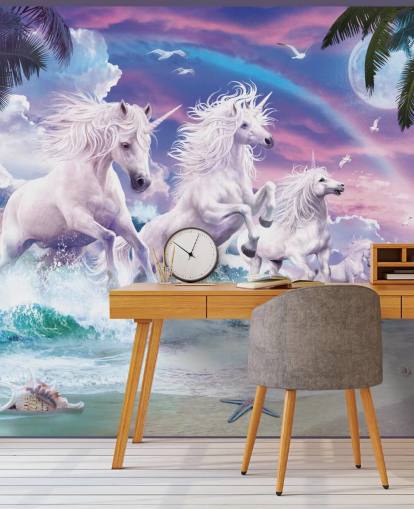 unicorni che corrono dal mare in pastello spiaggia impostazione carta da parati